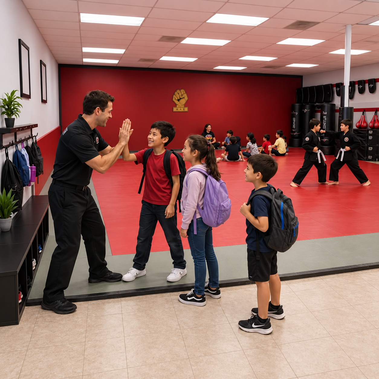 Instructor high-fiving students as they arrive at the dojo