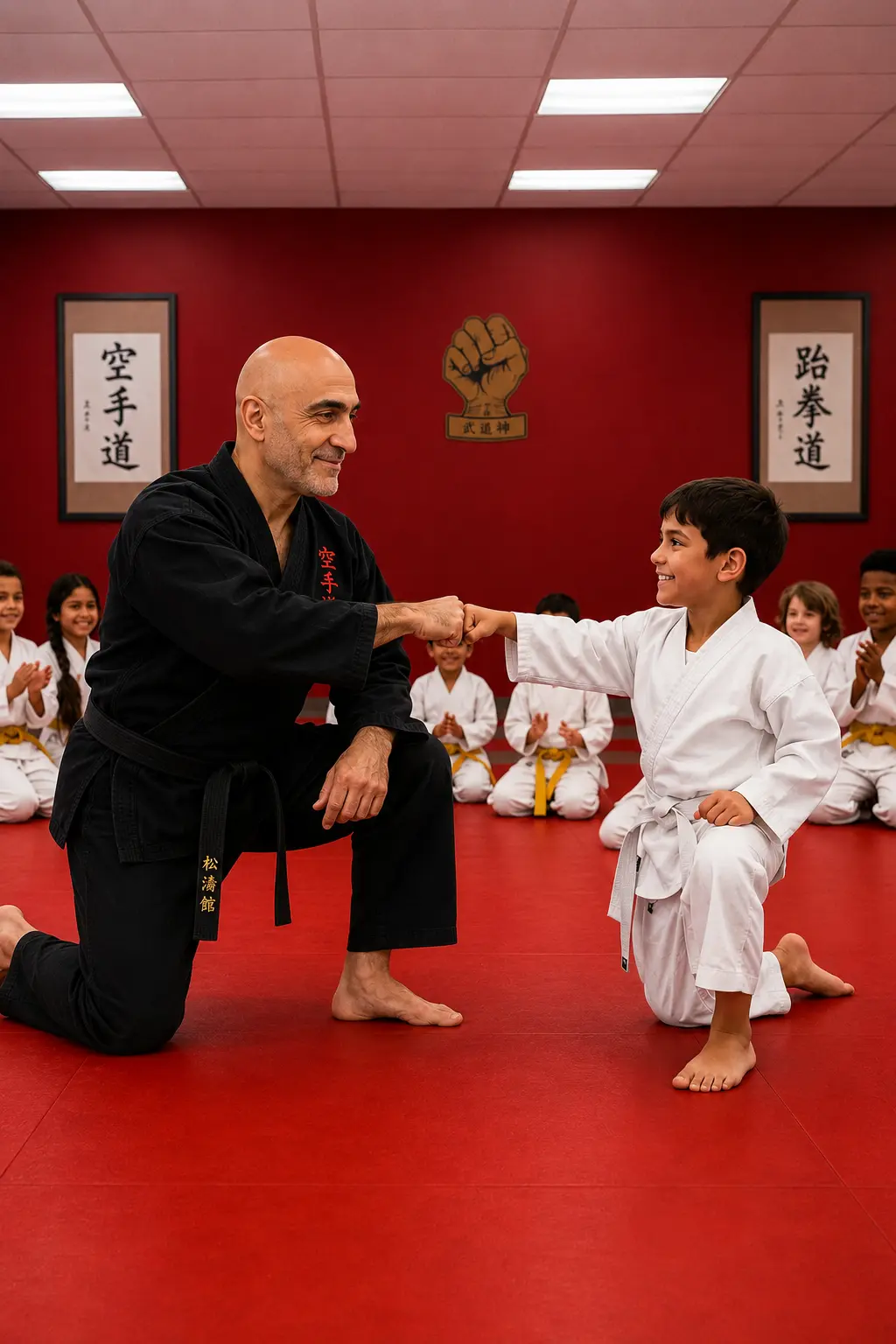 Shihan fist-bumping a young student